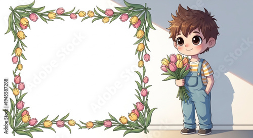 Cartoon boy on the right holding a bouquet of tulips, with a decorative border of tulip beads around it, white wall background.