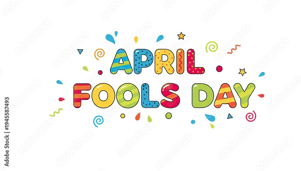 Fototapeta premium April fools day text with colorful letters and small confetti-like shapes scattered around the words on a white background
