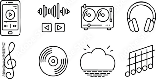 Set of music icons for smartphone player, sound wave, DJ decks, headphones, treble clef, vinyl record, and notes