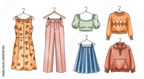 Set of 6 clothing items vector illustrations