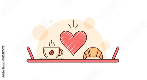 Romantic Breakfast Tray: Coffee, Croissant, and Heart Icon