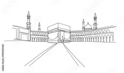 A minimalist line art illustration of a mosque with a large dome and minarets