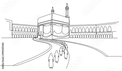 A minimalist line art illustration of the Kaaba in Mecca, Saudi Arabia