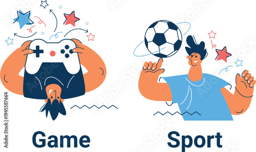 Comparison of virtual gaming and traditional sports activities through visual icons