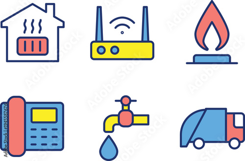 Illustrations of essential household utilities and services icons