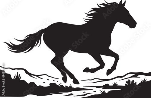 Silhouette of a running horse against a landscape backdrop
