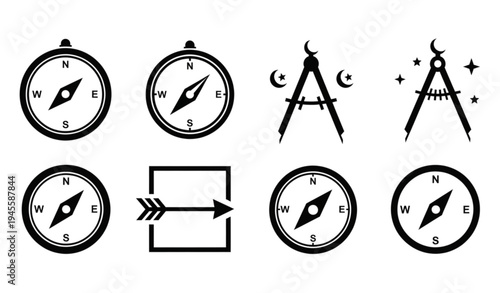 A set of navigation icons including compasses and astronomical tools
