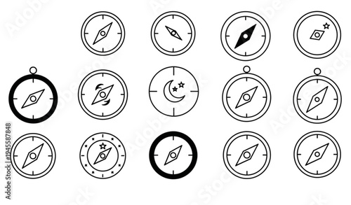 A set of minimalist compass icons in various designs and styles