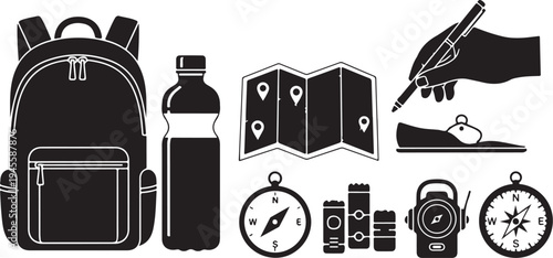 Travel and adventure icons in black and white style