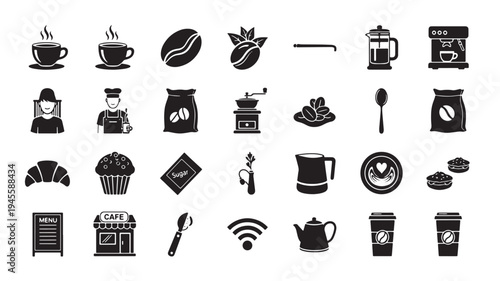 Coffee Shop Icons Set with Various Symbols and Objects