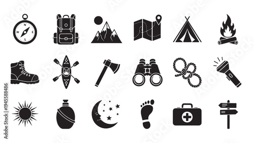 Outdoor Adventure Icons Set with Camping Gear and Navigation Tools
