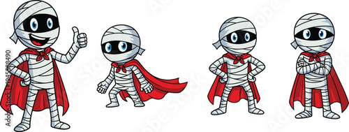 Vector illustration of cartoon mummies in superhero costumes with capes, masks, and playful poses for Halloween and creative artwork
