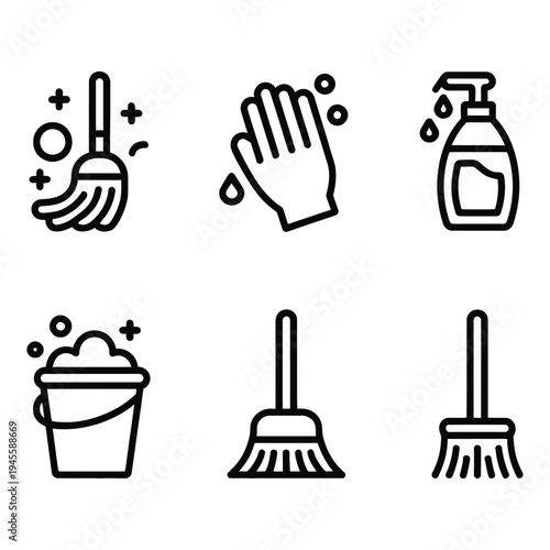 Essential Household Cleaning Tools and Hygiene Flat Line Icons Set