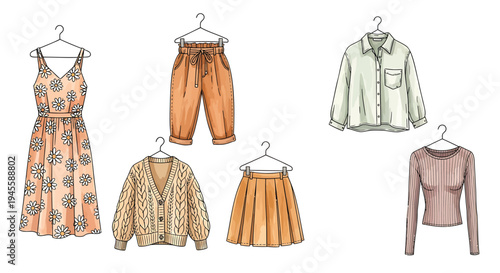 Set of 6 clothing items vector illustrations