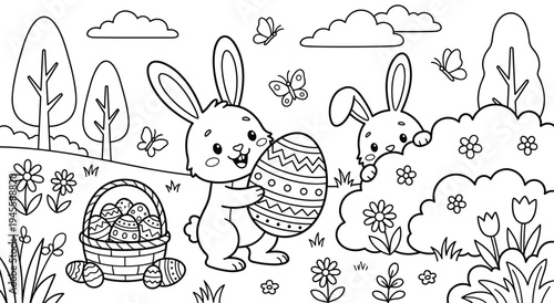 Easter coloring page with bunnies in a spring landscape