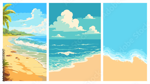 Set of tropical beach landscape banners with blue sea waves, sandy shore, and fluffy clouds, vibrant summer vacation vector illustrations for posters and backgrounds