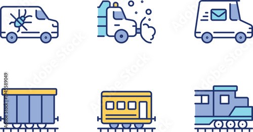 Illustrations of various service and transportation vehicles and trains