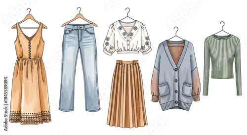 Set of 5 clothing items vector, fashion illustrations