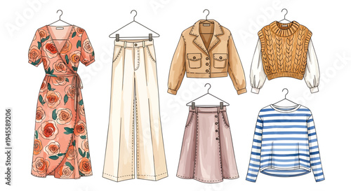 Set of 5 clothing items vector, fashion illustrations