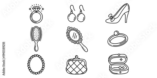 Hand drawn fashion accessories set including ring earring shoe brush mirror necklace and purse