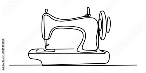 Continuous line drawing of a classic vintage sewing machine on a white background.