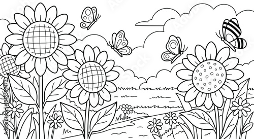 Coloring page with sunflowers and butterflies in a summer field
