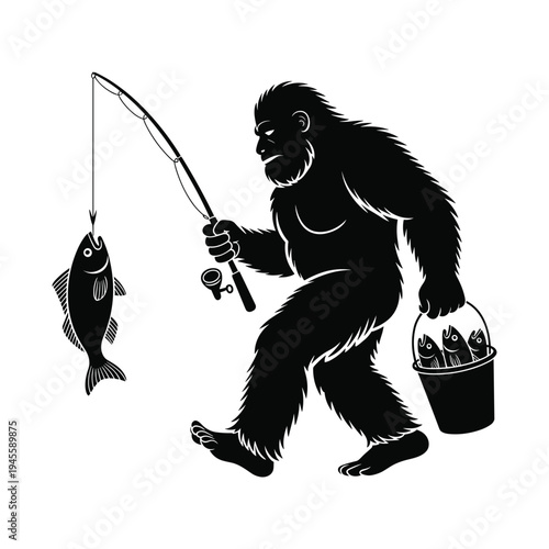 Bigfoot holding a fishing rod with a fish and a bucket of fish