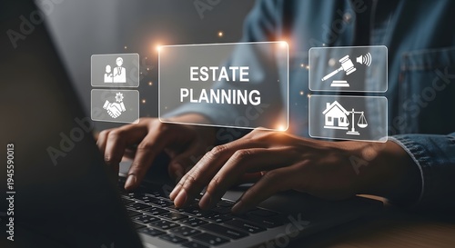 A person using a laptop for estate planning purposes with related icons displayed