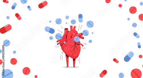 Red Human Heart Surrounded by Pills and Capsules, Medical Concept