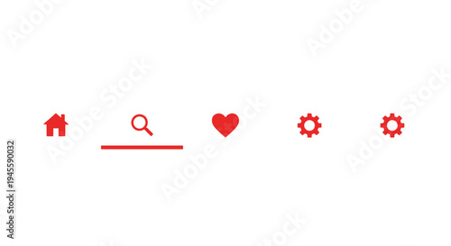Red Navigation Bar Icons: Home, Search, Heart, Settings on White Background