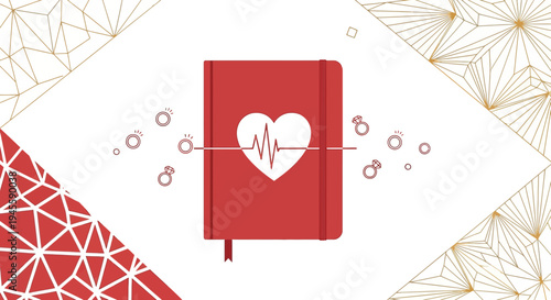 Red Notebook with Heartbeat and Rings, Love and Health Concept