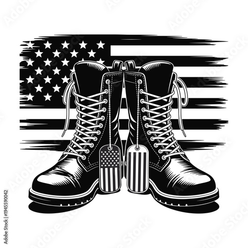 Black and white boots with american flag background