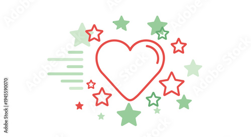 Red Outline Heart Surrounded by Green Stars and Festive Sparkles, Vector Illustration