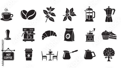 Black Coffee Icons on White Background