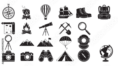 Outdoor Adventure Icons Set with Camping Gear and Exploration Tools