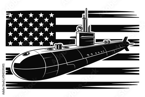 Black and white submarine with american flag background
