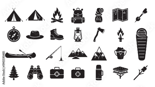 Camping Icons Set with Tent, Fire, Hiking Gear and Outdoor Equipment