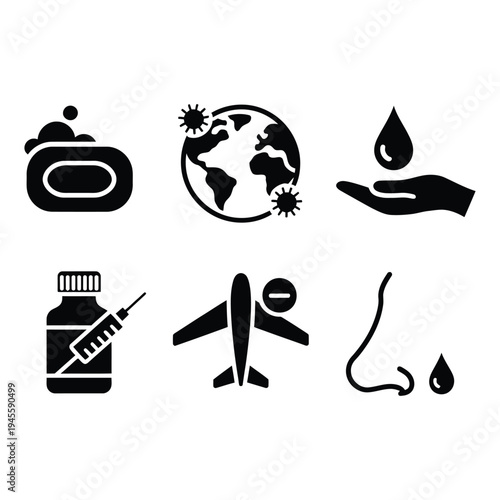 Global Health Travel and Hygiene Icons Set