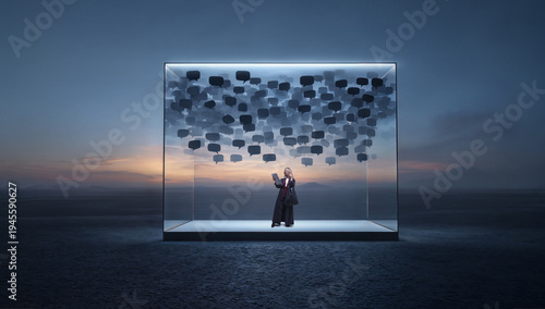 Fotografia Communication concept woman reading messages inside transparent cube with speech bubbles for social media advertising, digital conversation branding, messaging technology editorial and marketing