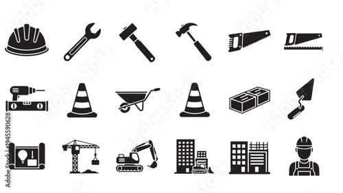 Construction Tools Icons Set with Hard Hat, Wrench, Hammer and and Building Equipment