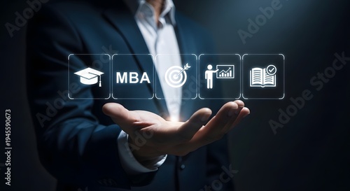 Businessman holding icons representing MBA education career development and skills