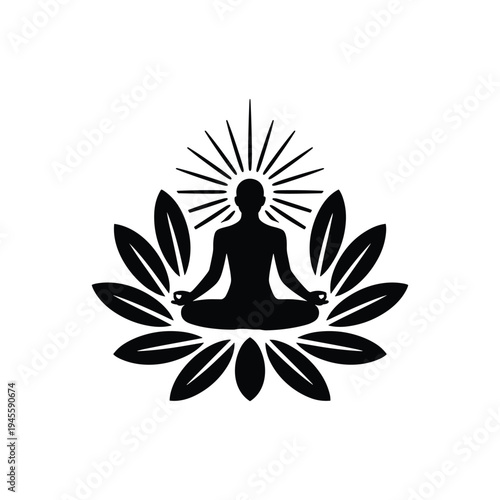 Black silhouette of meditating person on lotus flower with rays