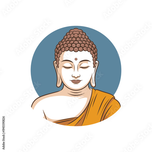 Buddha head with curly hair in blue circle and orange robe