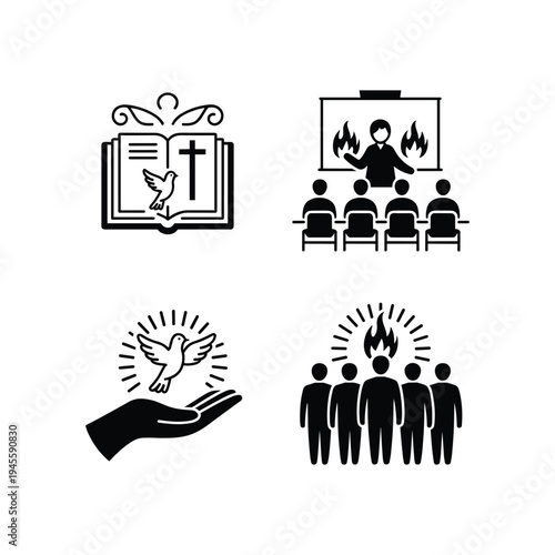 Four black and white religious with dove and people