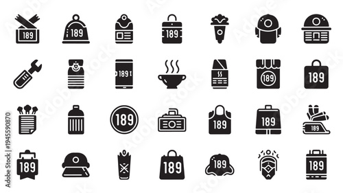Black and White Icons of Various Objects with Number 189
