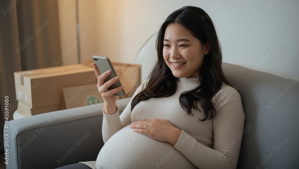 Fototapeta premium Content Asian woman at home on a video call via smartphone during pregnancy