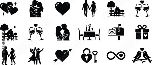 Professional Love and Romance Icon Set Featuring Couple Silhouettes Hearts Wedding Rings Romantic Dinner and Valentines Day Symbols