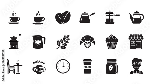 Coffee Shop Icons Set with Various Symbols and Objects