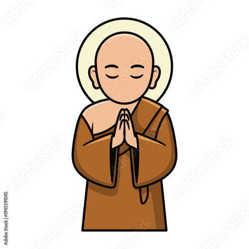 Monk with hands praying in brown robe with halo hands together