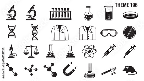 Science Laboratory Icons Set with Various Equipment and Tools